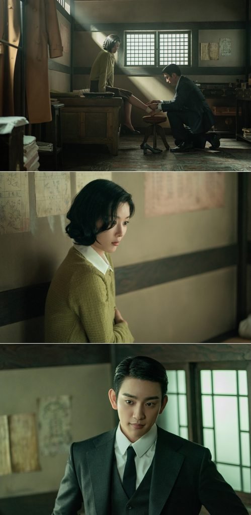 Three stills of Ga-kyung and Hideo at a clinic, including Hideo tending to her injured ankle