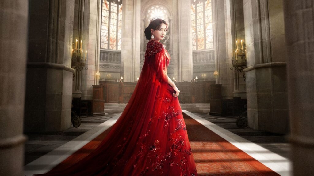 Shin Min Ah as Navier in a red gown and tiara inside an ornate palace.